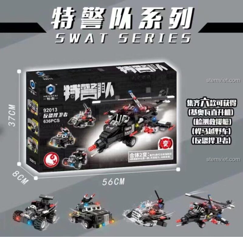 Bộ lắp ghép HENGTAI 92013 Đội Đặc Nhiệm, đồ chơi lắp ráp Trực Thăng Đặc Nhiệm, Xe Cảnh Sát Đặc Nhiệm, Tàu Đệm Khí Đặc Nhiệm, Xe Đua Đặc Nhiệm, cho bé trai 6 tuổi.