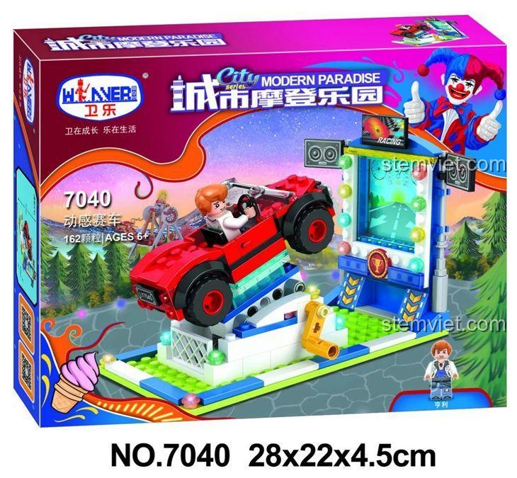 Hộp bộ đồ chơi Winner 7040 Xe đua City Modern Paradise, có hình ảnh xe đua đỏ và nhân vật minifigure, kích thước 28x22x4.5cm