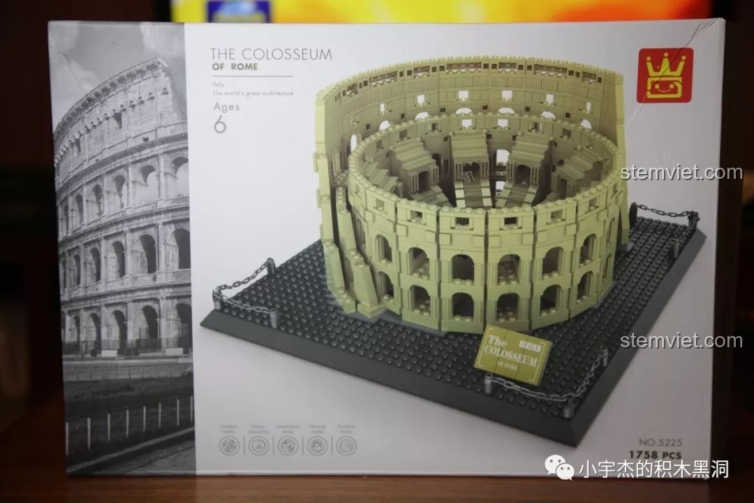 Hộp sản phẩm bộ lắp ghép WANGE 5225 Đấu trường Colosseum La Mã với hình ảnh mô hình hoàn chỉnh và kiến trúc cổ điển.