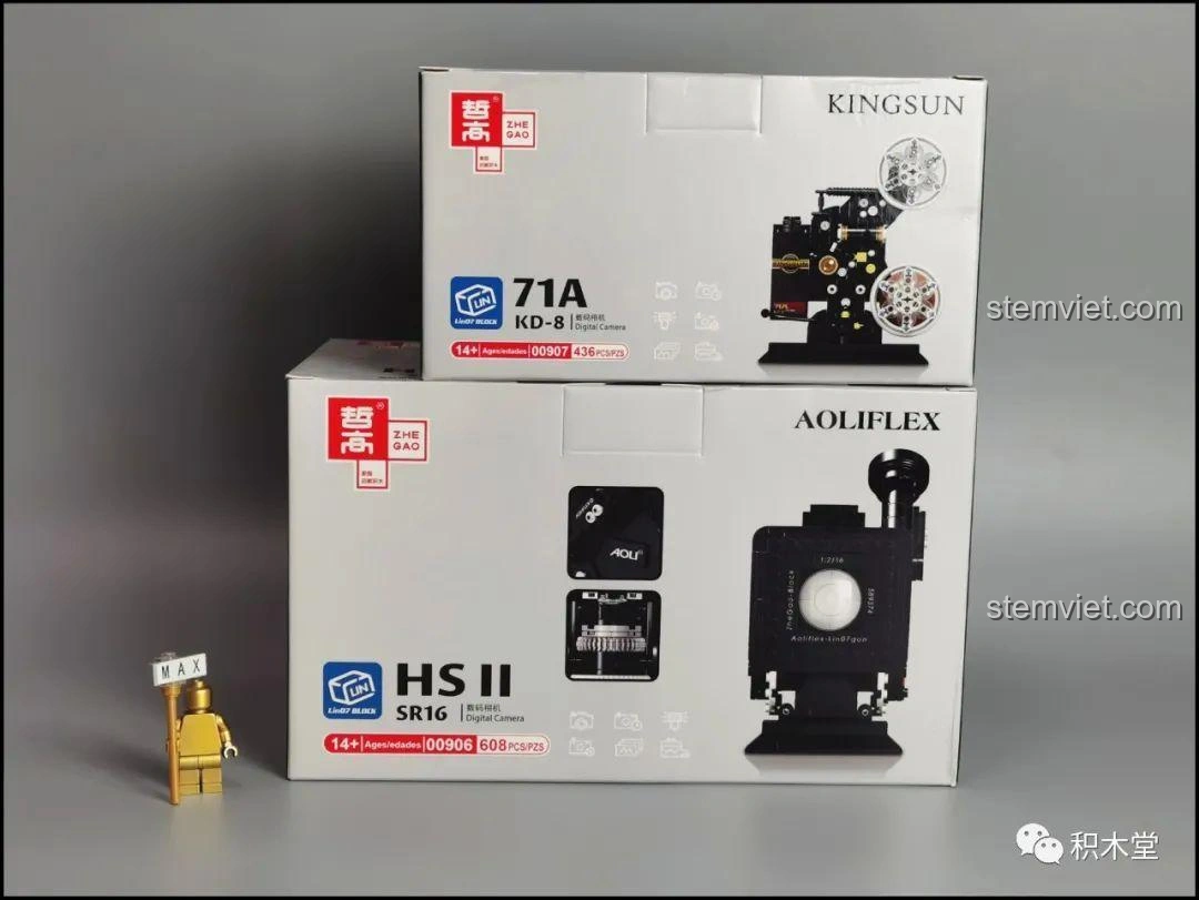 Hộp sản phẩm bộ lắp ghép Zhegao 00907 Máy Chiếu Phim Cổ Điển và 00906 Máy Quay Phim Vintage.