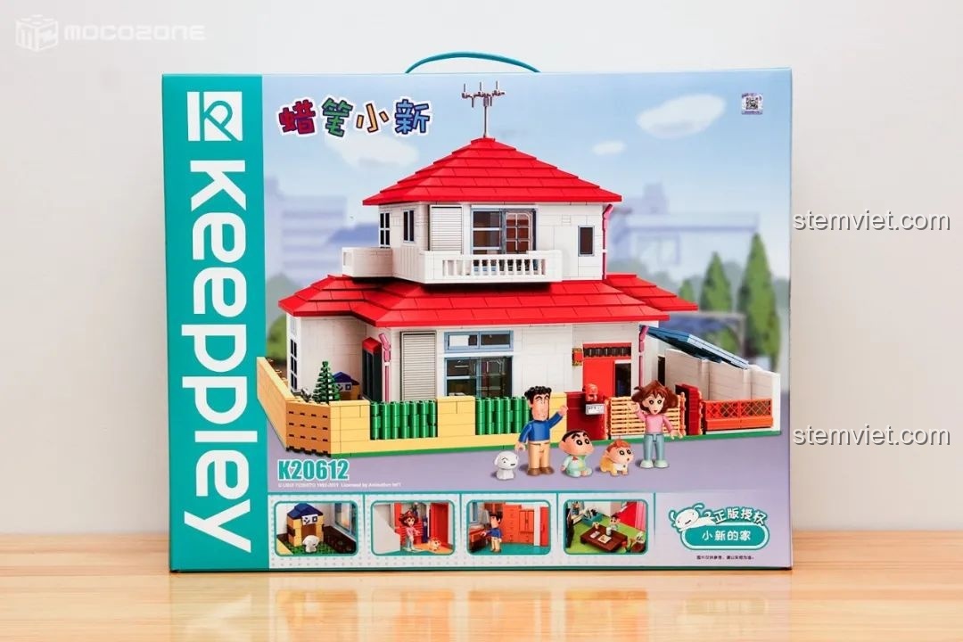 Mặt trước hộp bộ lắp ráp Ngôi nhà của Shin-chan Keeppley K20612 với hình ảnh mô hình hoàn chỉnh và gia đình Nohara.