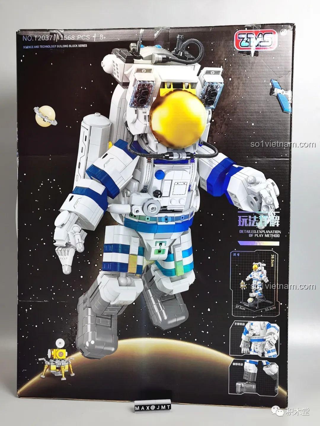 Mặt sau hộp bộ lắp ráp phi hành gia ZMS T2037, hiển thị thông số và hình ảnh sản phẩm.