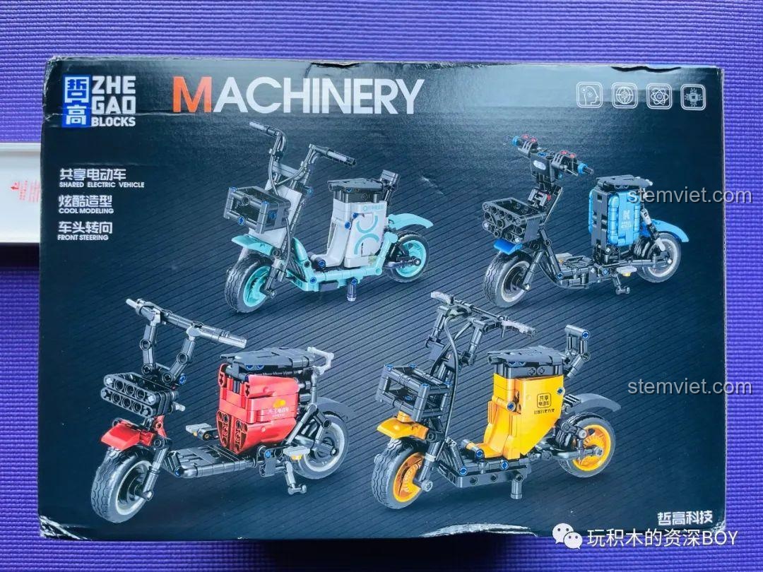 Hộp bộ lắp ráp xe điện chia sẻ ZHEGAO QL1268 hiển thị 4 mẫu xe khác nhau: đỏ, vàng, xanh dương, xanh lá.