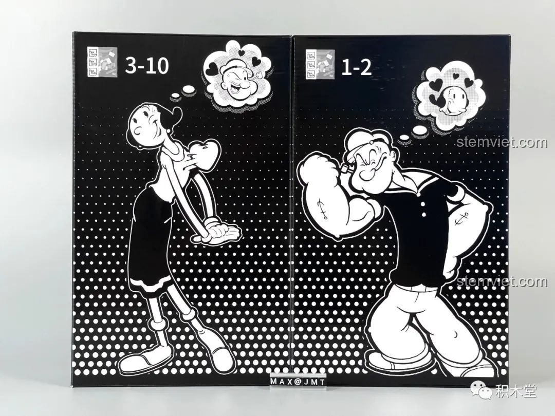 Hai hộp đựng chi tiết bên trong của bộ lắp ráp Pantasy 86401, in hình Popeye và Olive.