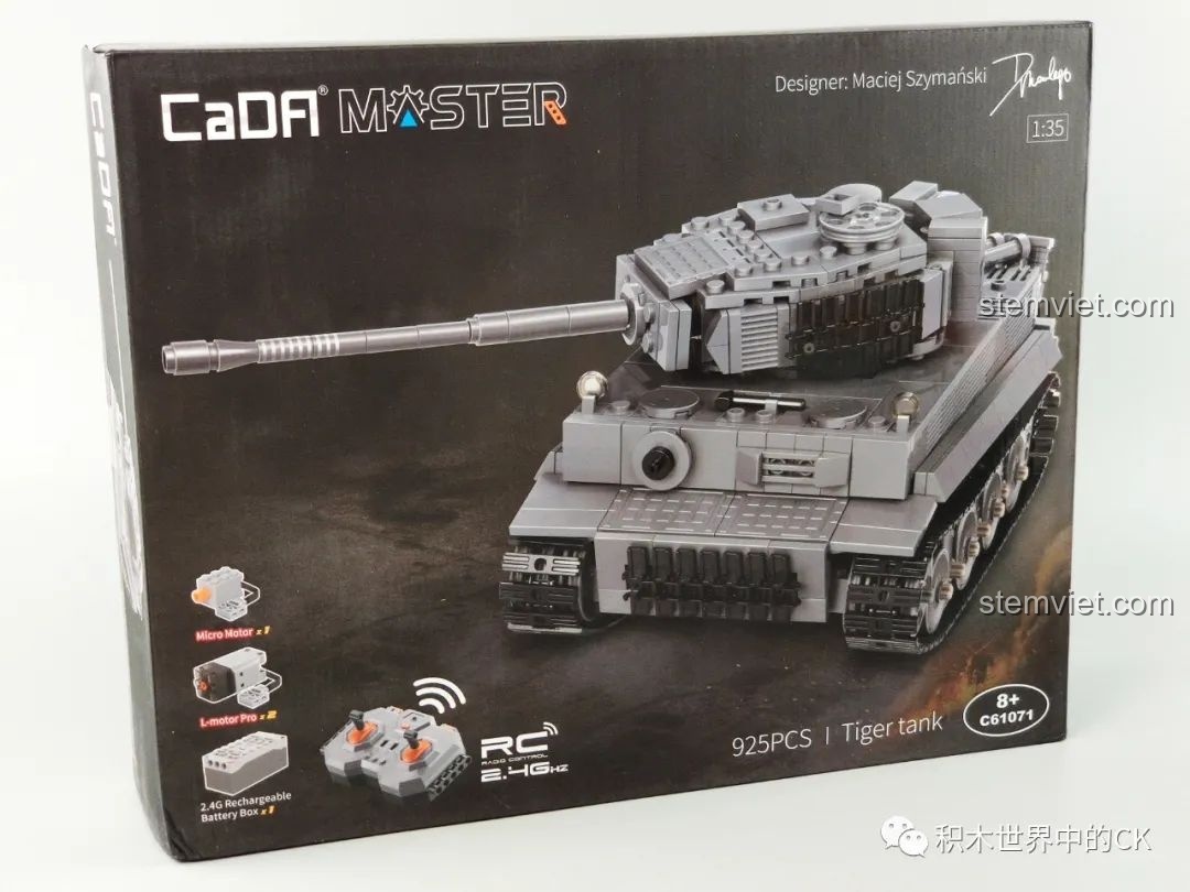 Hộp đồ chơi lắp ghép CaDA C61071 Xe tăng Tiger I Sd.Kfz. 181 với thiết kế màu đen sang trọng và hình ảnh sản phẩm sắc nét.