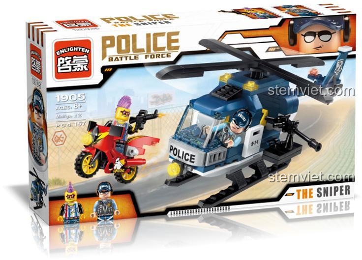 Hộp sản phẩm bộ lắp ghép Enlighten 1905 Biệt Đội Cảnh Sát: Tay Bắn Tỉa, hiển thị trực thăng và mô tô, đồ chơi lắp ráp chất lượng.