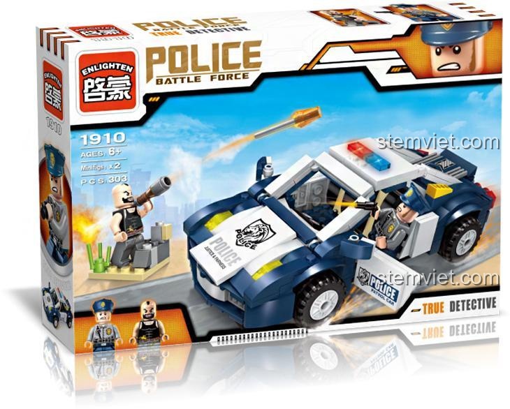 Hộp đồ chơi lắp ráp Enlighten 1910 Biệt Đội Cảnh Sát: Thám Tử Xuất Kích, hiển thị xe cảnh sát và minifigure, phù hợp cho bé trai 6 tuổi, giá tiết kiệm.