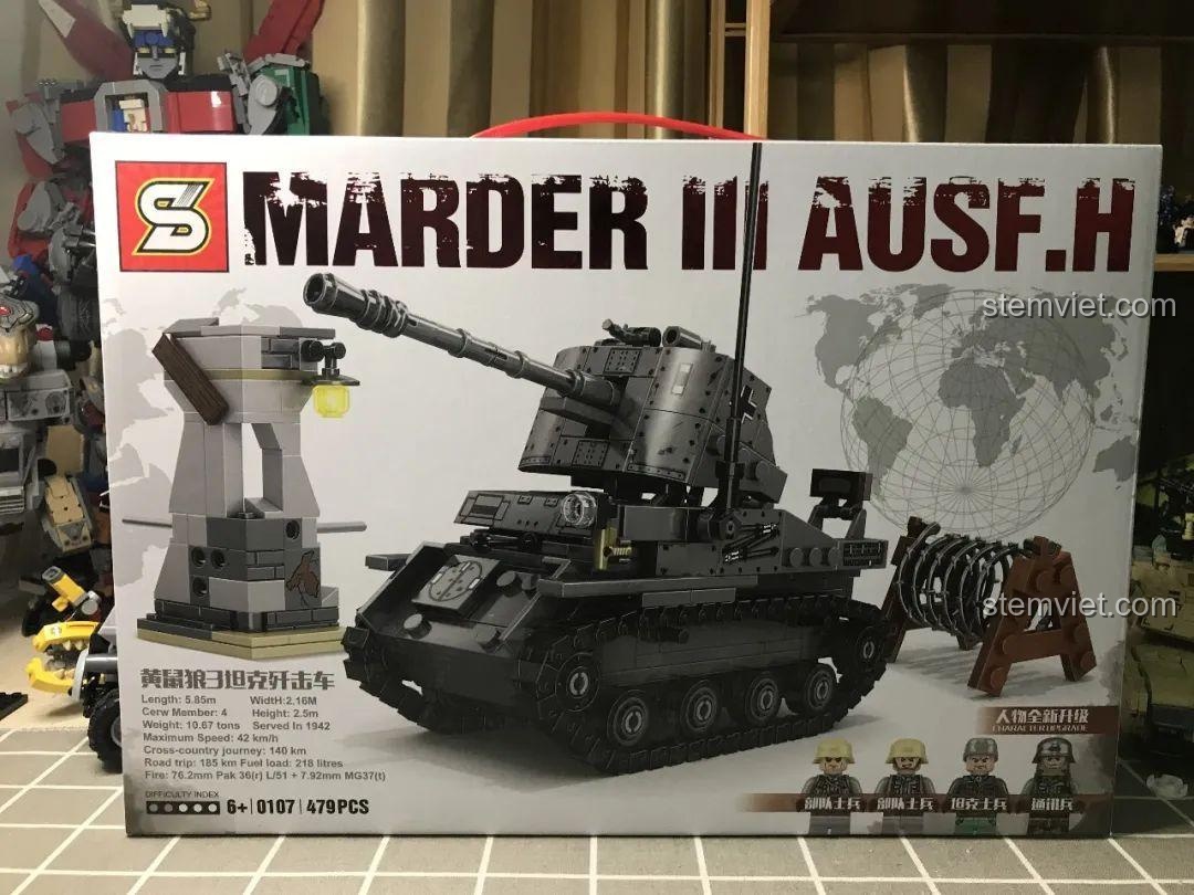 Mặt trước hộp bộ đồ chơi lắp ráp JiaZhi 0107 Marder III Ausf.H, hiển thị hình ảnh mô hình và thông số kỹ thuật, cho cảm nhận JiaZhi 107 Xe tăng diệt Q-version rõ nét.