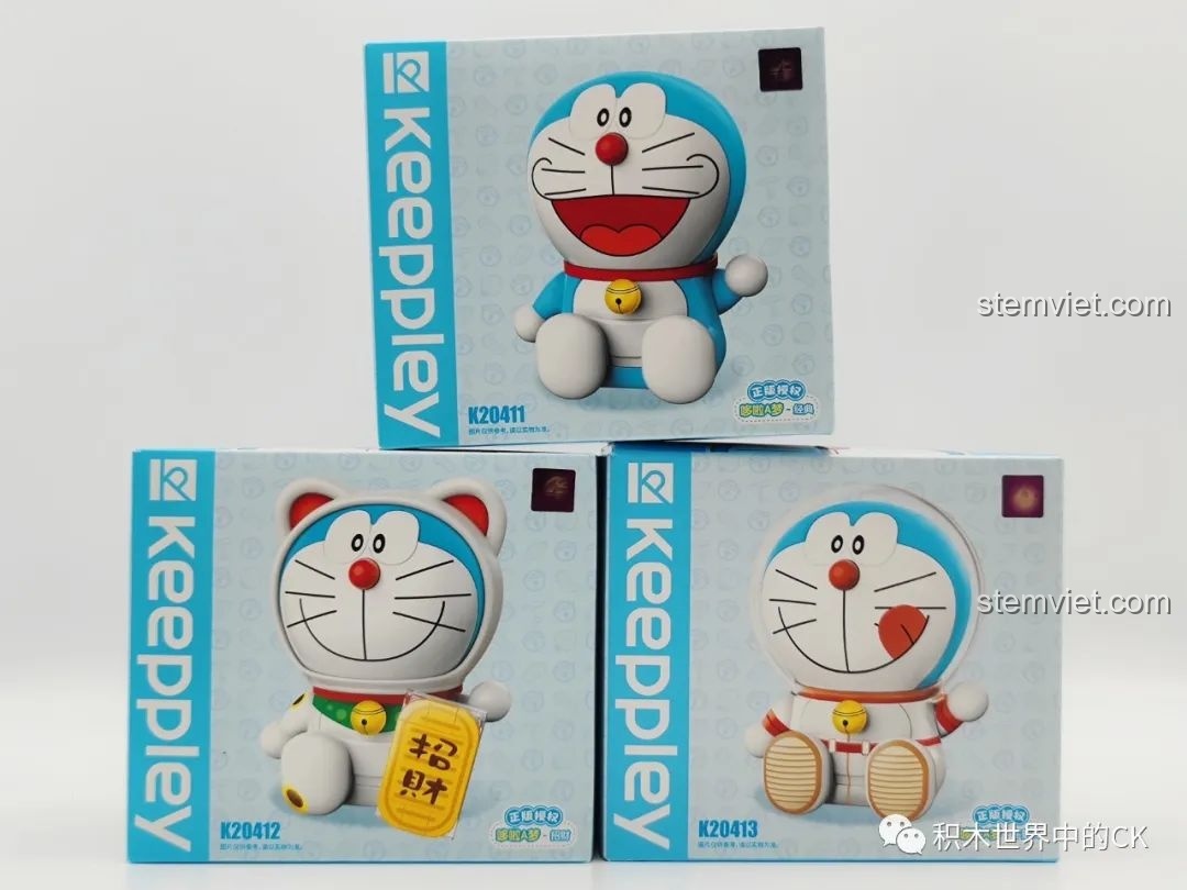 Ba hộp đồ chơi lắp ráp Keeppley Doraemon K20411, K20412, K20413 với thiết kế bao bì bắt mắt, hình ảnh mèo máy ngộ nghĩnh.