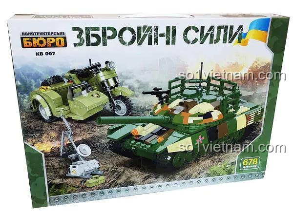 Hộp đồ chơi xây dựng KB007 của Limo Toy. Món quà quân sự hấp dẫn cho bé trai, gồm 678 chi tiết lắp ráp xe tăng và mô tô.
