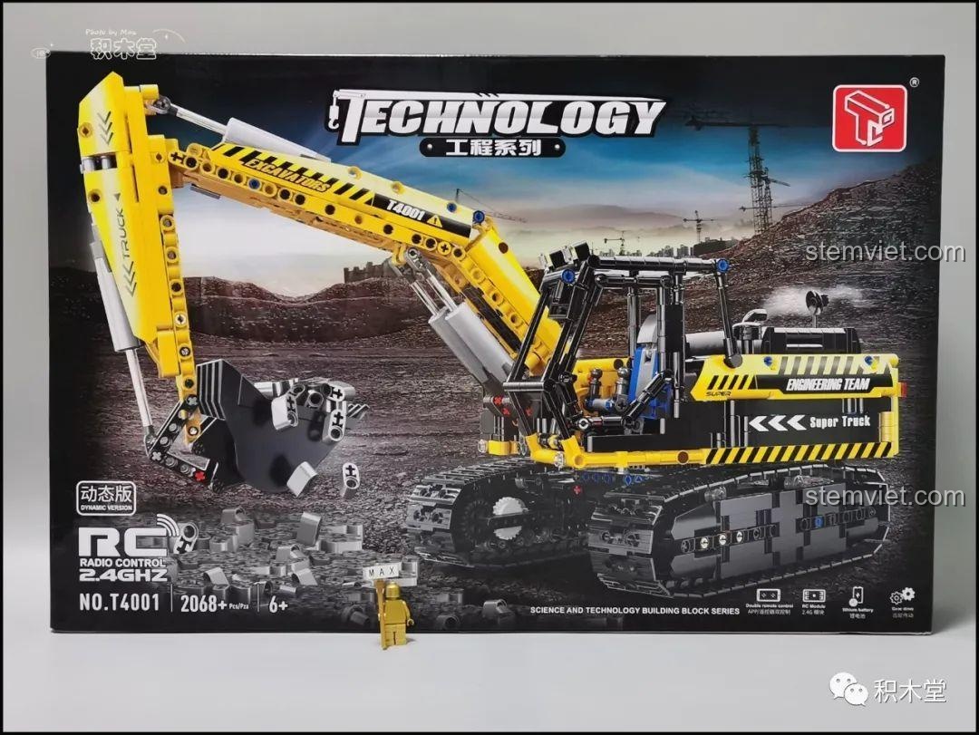 Hộp đồ chơi lắp ráp Taigaole T4001 Máy Xúc Điều Khiển Từ Xa, hiển thị 2068 mảnh ghép và độ tuổi 6+.