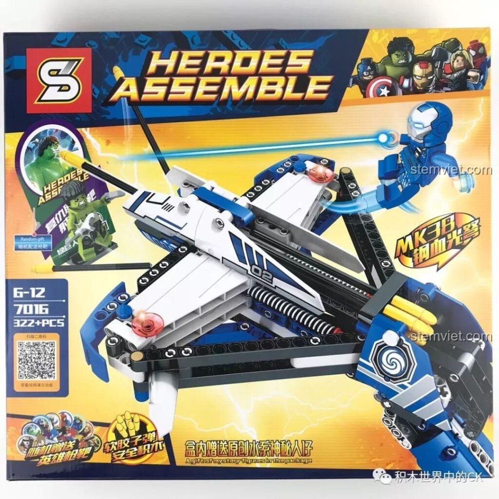 Mặt trước hộp đồ chơi lắp ráp Nỏ Iron Man MK38 SY 7016 với hình ảnh sản phẩm hoàn thiện và các nhân vật siêu anh hùng.