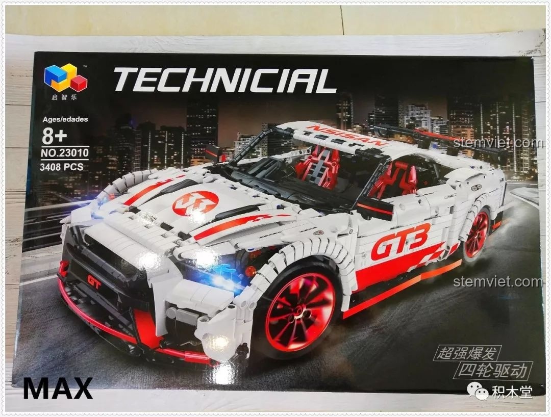 Hộp sản phẩm bộ lắp ráp Qizhile 23010 Nissan GT-R, với hình ảnh mô hình xe và thông số 3408 chi tiết.