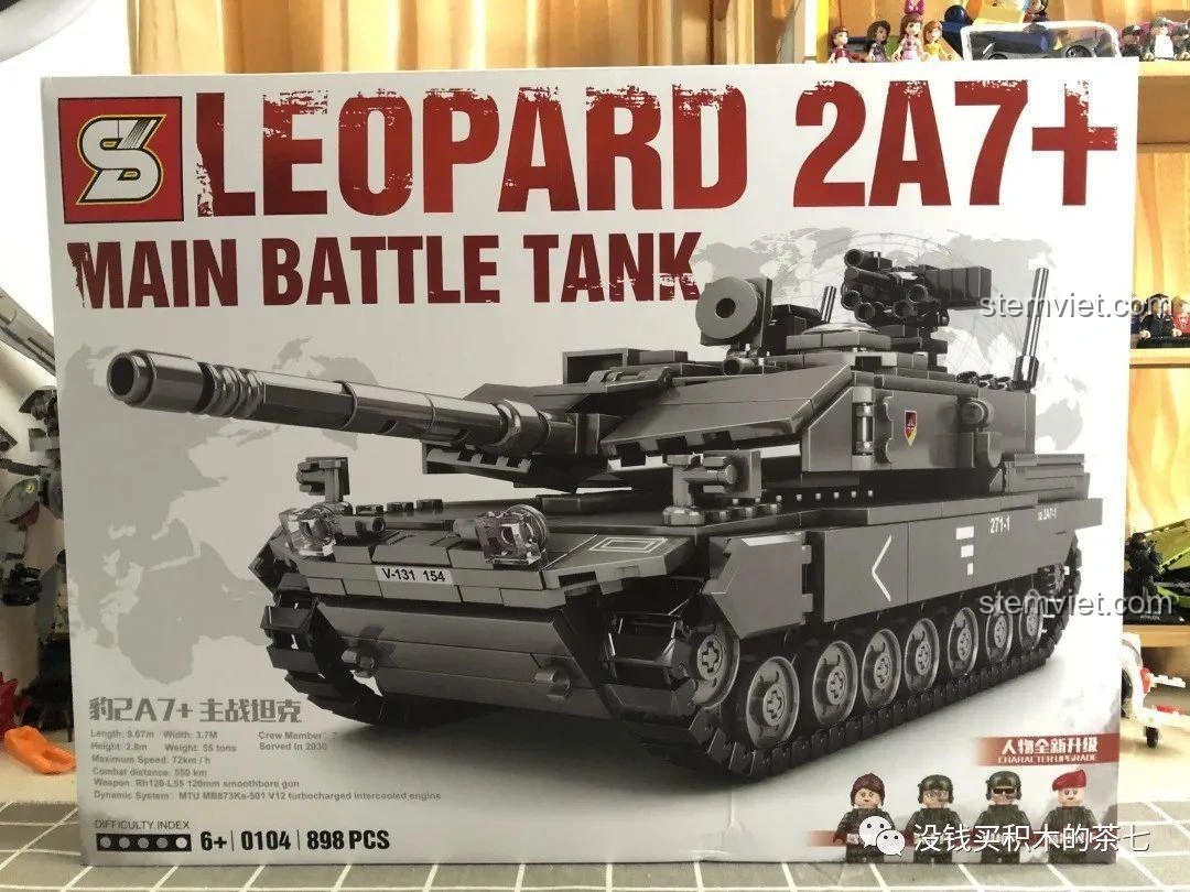 Mặt trước hộp bộ lắp ráp Jiazhi 0104 Xe Tăng Leopard 2A7+ với hình ảnh mô hình hoàn chỉnh và thông số kỹ thuật.
