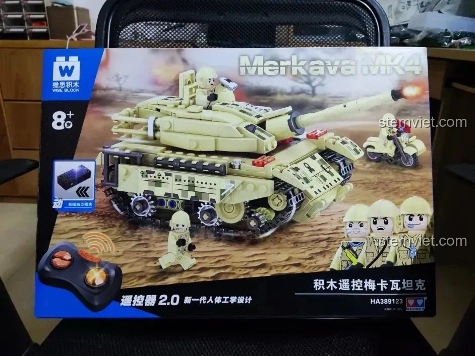 Mặt trước hộp bộ lắp ráp Xe Tăng Merkava WISE BLOCK HA389123 với hình ảnh xe tăng và lính.