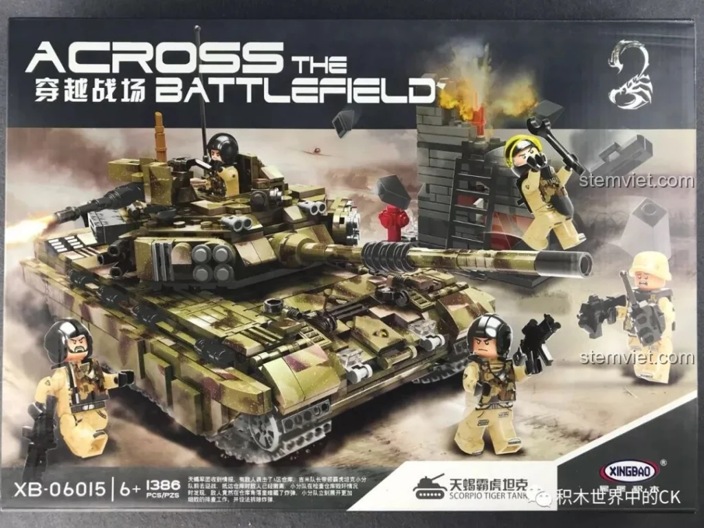 Hộp đồ chơi lắp ráp Xe tăng Thiên Hổ Scorpio Tiger XB-06015 Xingbao Across The Battlefield, hiển thị hình ảnh xe tăng và lính.