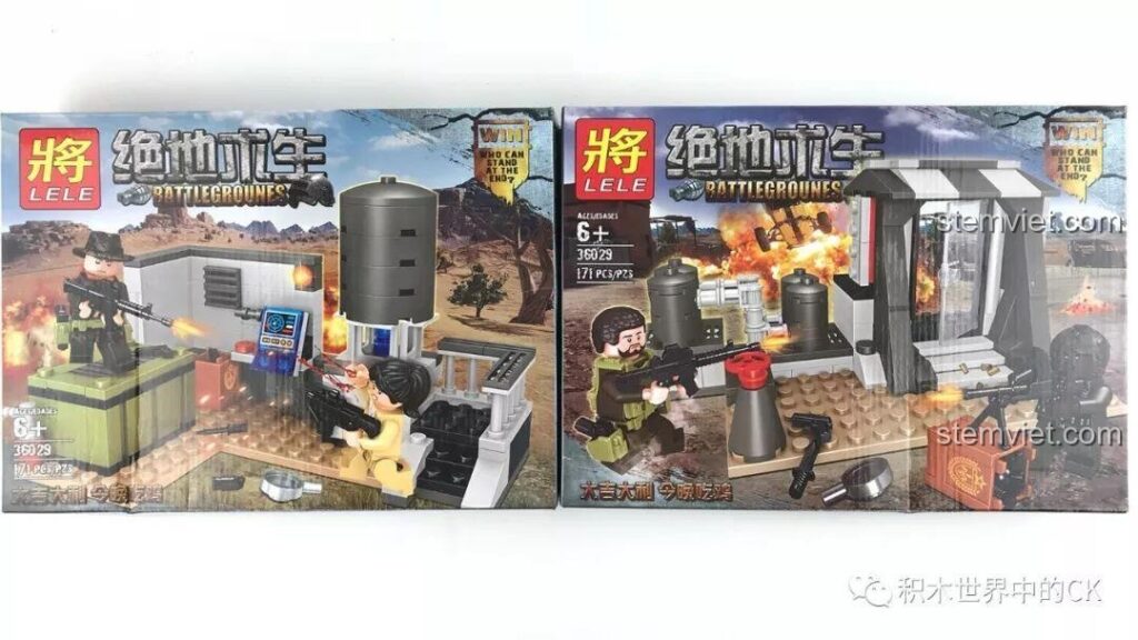 Hộp của bộ đồ chơi lắp ráp LELE 36029 Căn Cứ Chiến Trường Sinh Tồn PUBG, gồm hai mẫu nhỏ có thể kết hợp.