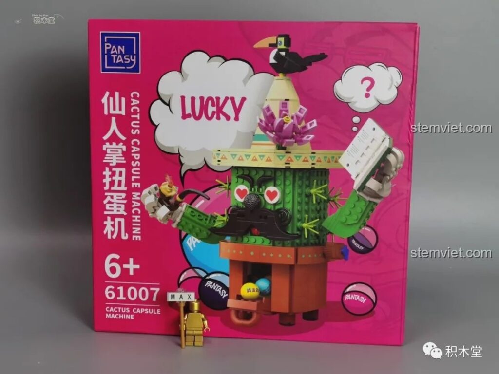 Mặt trước hộp đồ chơi lắp ráp Pantasy 61007 Máy gashapon xương rồng, màu hồng rực rỡ, phù hợp cho bé gái 6 tuổi.