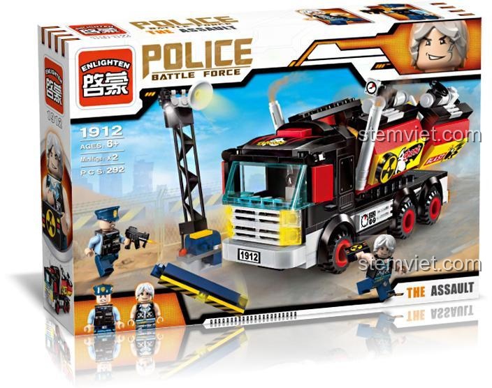 Hộp sản phẩm QMAN 1912 Xe tải cảnh sát, hiển thị đầy đủ thông tin, phù hợp làm quà tặng cho bé trai 6 tuổi.