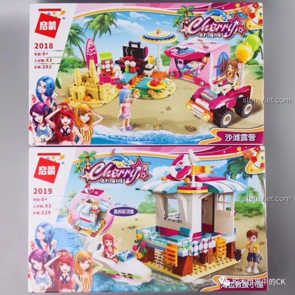 Hộp của hai bộ đồ chơi xếp hình QMAN chủ đề bãi biển sôi động, phù hợp cho bé gái 6 tuổi.
