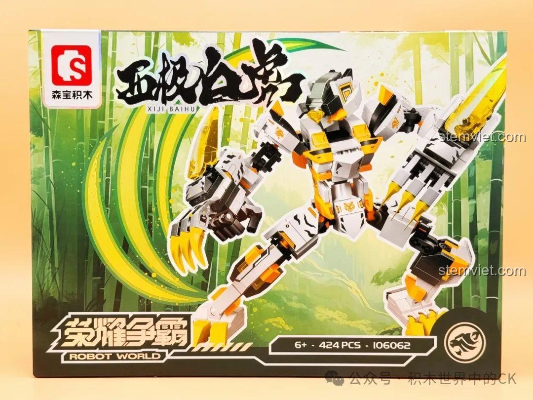 Mặt trước hộp đồ chơi SEMBO 106062 Robot Bạch Hổ Phương Tây, hình ảnh robot màu trắng vàng với bộ vuốt sắc nhọn.