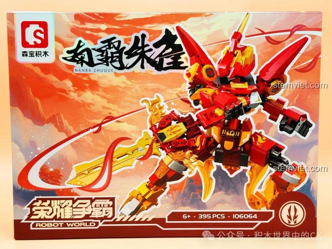 Mặt trước hộp đồ chơi SEMBO 106064 Robot Chu Tước Phương Nam, hình ảnh robot màu đỏ vàng rực lửa với đôi cánh.
