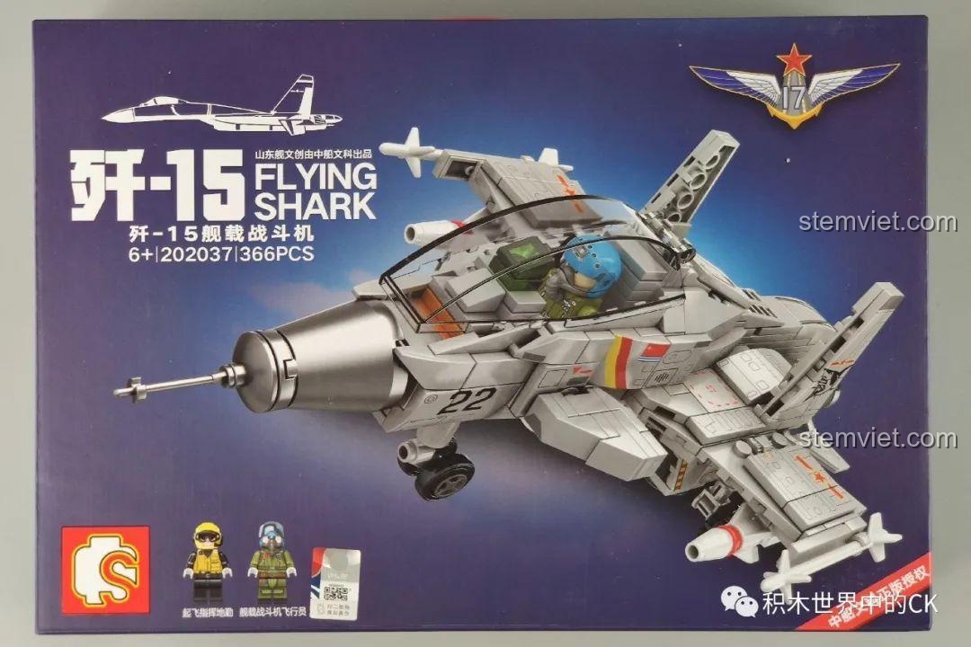 Cận cảnh mặt trước hộp đồ chơi SEMBO 202037, mô hình tiêm kích J-15 phiên bản Q-style với 366 chi tiết.