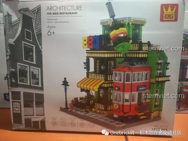 Hộp đồ chơi WANGE 6313 Nhà hàng BBQ với hình ảnh mô hình hoàn thiện, thể hiện chi tiết kiến trúc độc đáo.