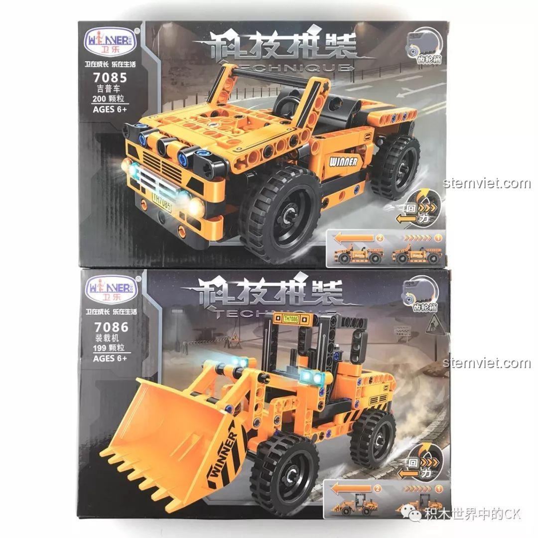 Mặt trước hộp của bộ đồ chơi lắp ráp Winner 7085 Xe Jeep Technic và 7086 Xe Xúc Lật màu cam cho bé trai 6 tuổi.