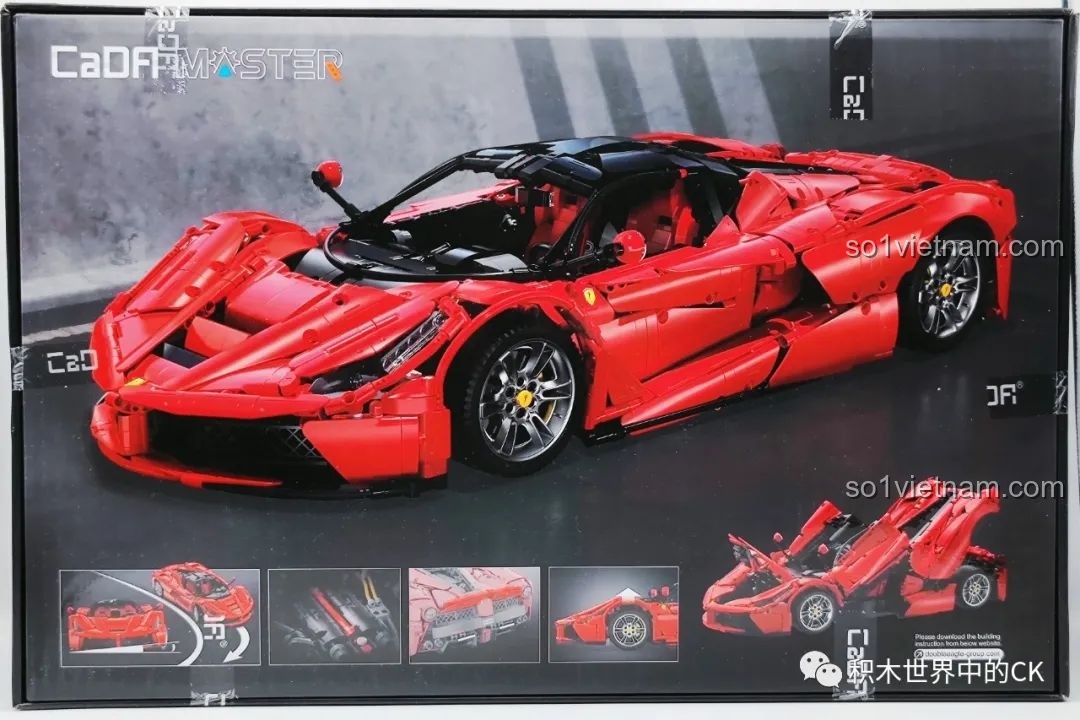 Mặt bên hộp đựng bộ lắp ráp CaDA C61505 Ferrari Laferrari, hiển thị các góc nhìn khác nhau của mô hình và thông tin sản phẩm.