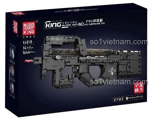 Hộp đựng bộ đồ chơi lắp ráp súng tiểu liên P90 Mould King 14018, có hình ảnh sản phẩm hoàn thiện, thông số kỹ thuật và logo Mould King