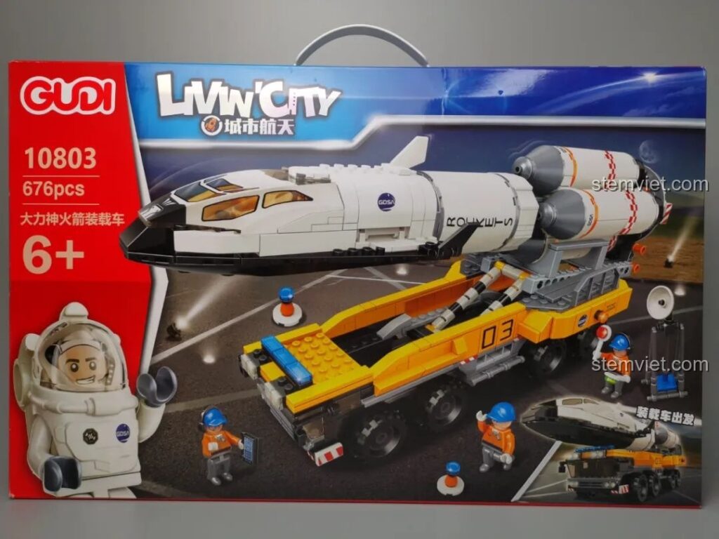 Mặt trước hộp bộ lắp ráp GUDI 10803 Xe Tải Chở Tên Lửa Hercules, hiển thị mô hình hoàn chỉnh và số chi tiết 676pcs.