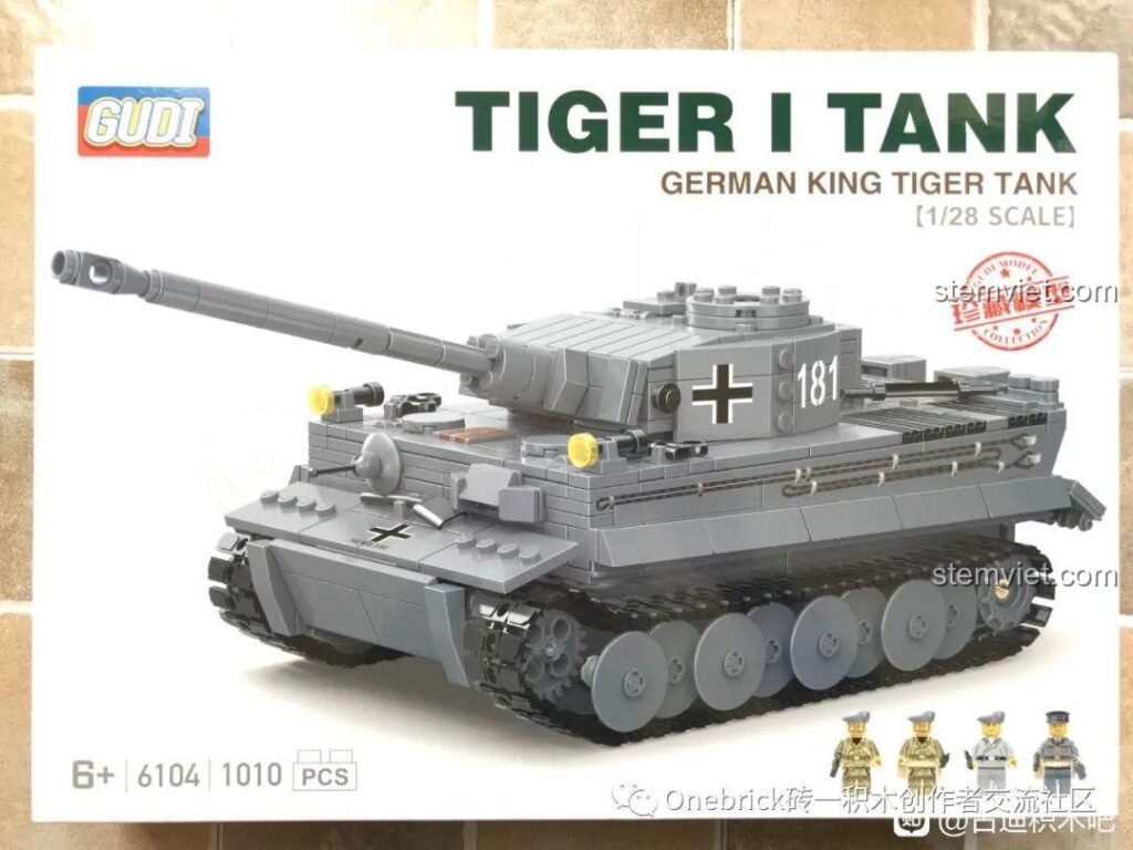 Mặt trước hộp đồ chơi mô hình Cỗ xe tăng Đức Tiger I GUDI 6104 với hình ảnh xe tăng và 4 minifigures đi kèm.