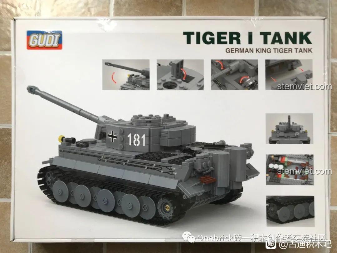 Mặt sau hộp bộ lắp ráp GUDI 6104 Xe tăng Tiger hiển thị các chi tiết và khớp động của mô hình hoàn chỉnh.