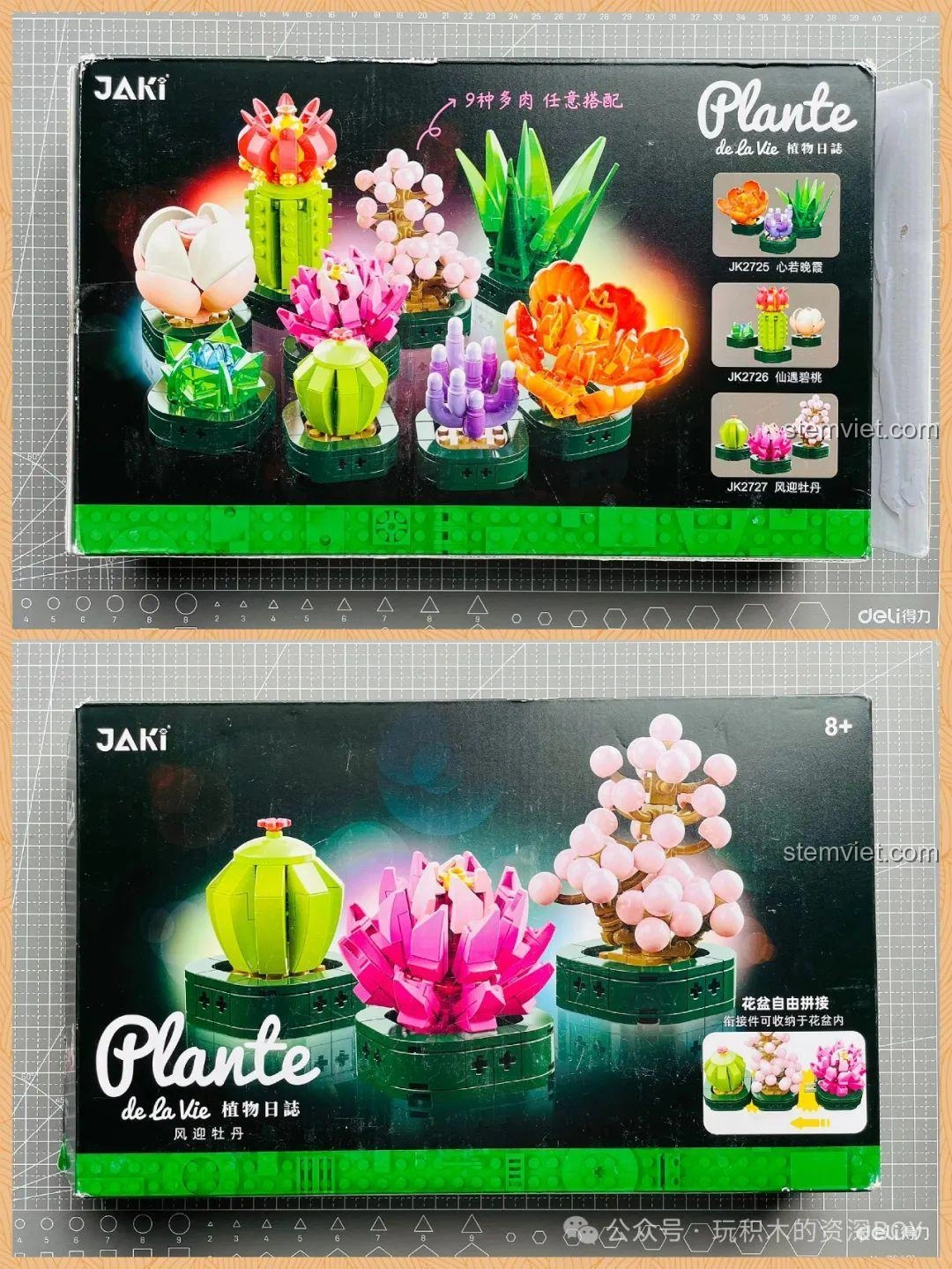 Hộp sản phẩm bộ lắp ráp JAKI JK2727 Plante de la Vie với hình ảnh 9 loại cây mọng nước khác nhau, mã sản phẩm JK2727.