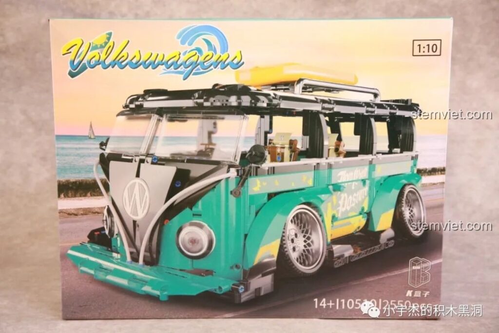 Hộp sản phẩm bộ đồ chơi lắp ghép Xe Cắm Trại Volkswagen T1 K Box 10510 với hình ảnh xe màu xanh ngọc nổi bật.