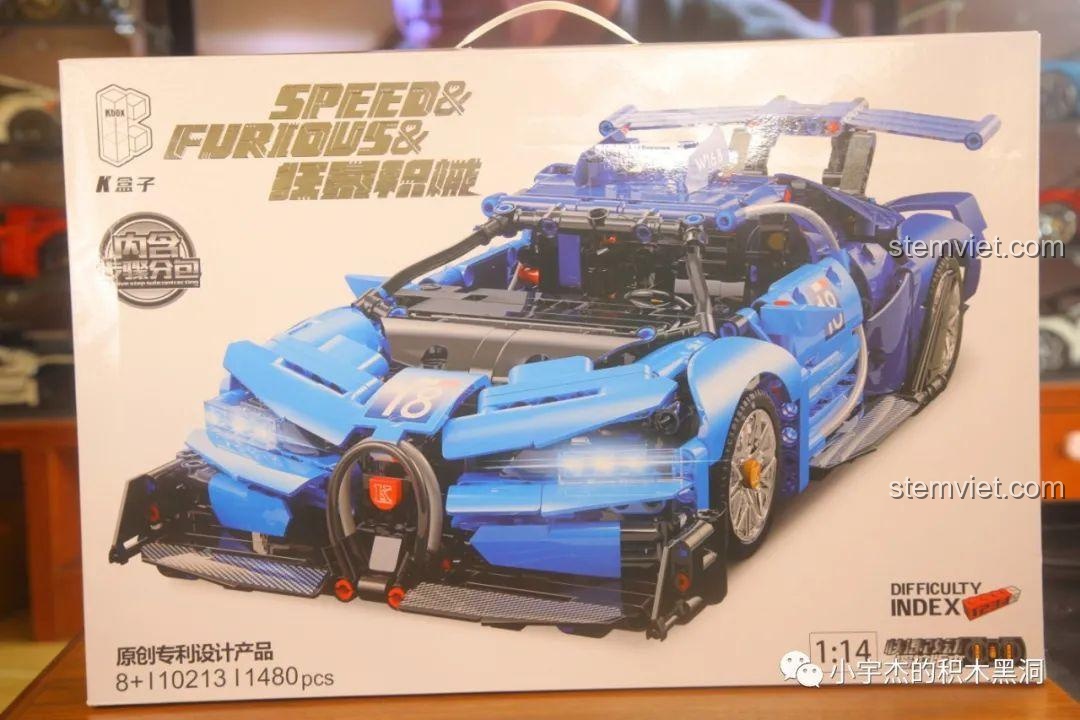 Hộp sản phẩm KBOX 10213 Siêu Xe Bugatti Vision Gran Turismo với hình ảnh xe màu xanh dương cực ngầu và hầm hố.