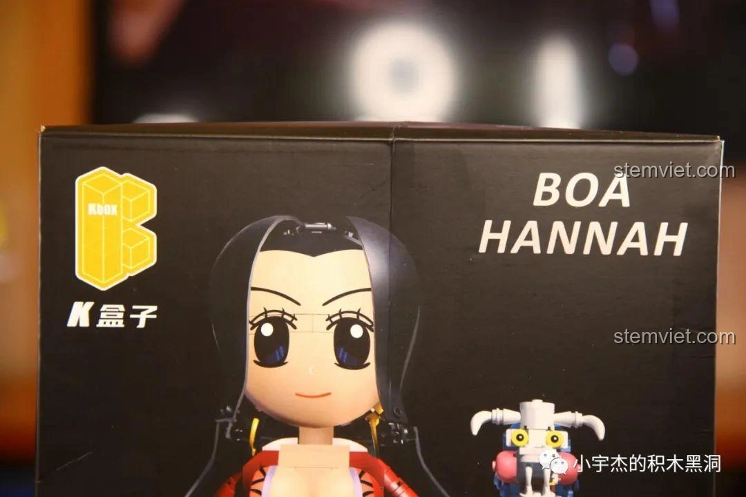 Cận cảnh phần trên hộp đồ chơi lắp ráp KBOX 10303 Boa Hancock, hiển thị tên nhân vật và logo hãng.
