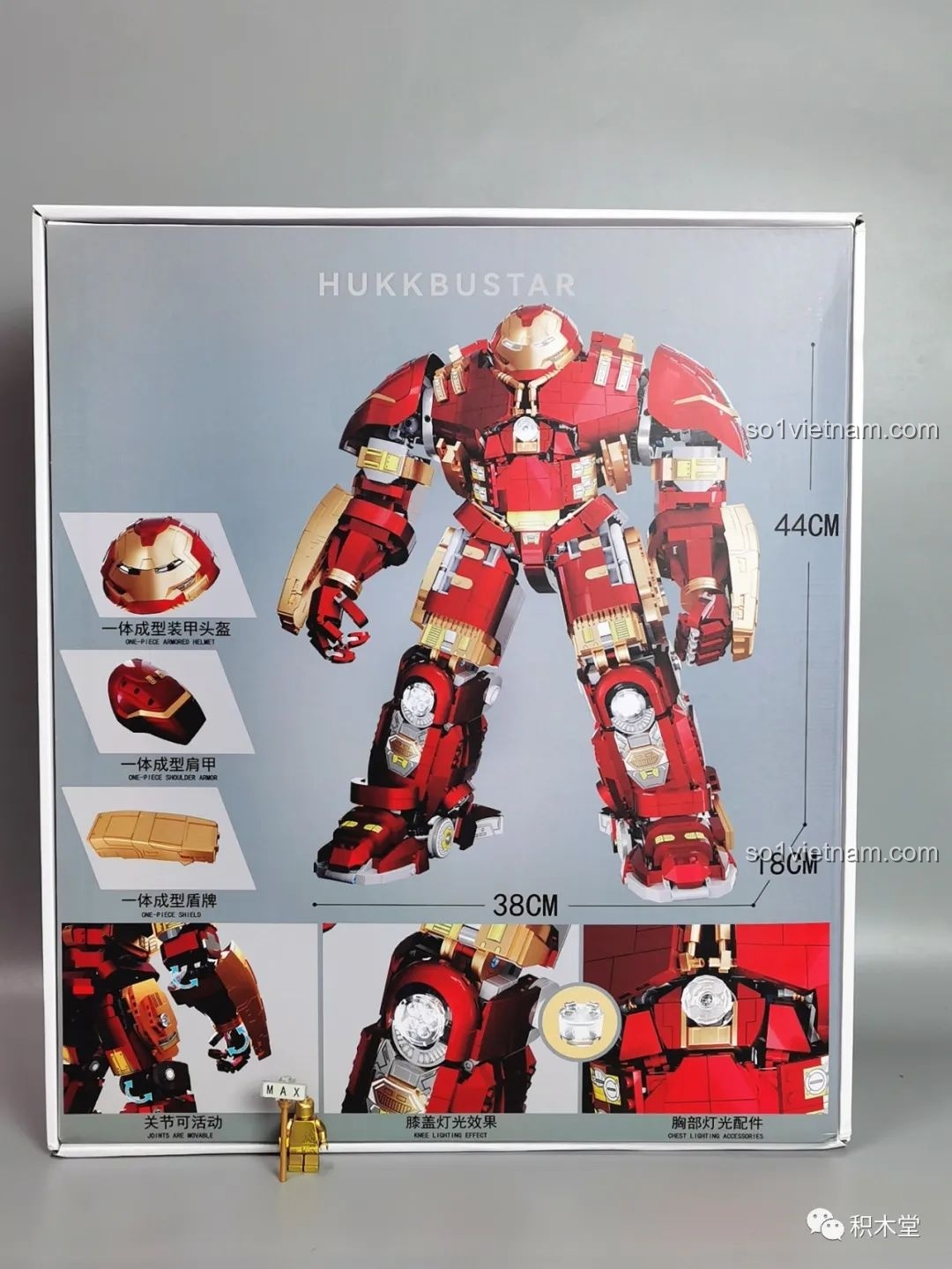 Mặt sau hộp KBOX V5004 Giáp Chống Hulk MK44 hiển thị kích thước 38x18x44cm và các chi tiết đặc biệt. Review KBOX V5004 Robot Anti-Hulk đáng tiền.