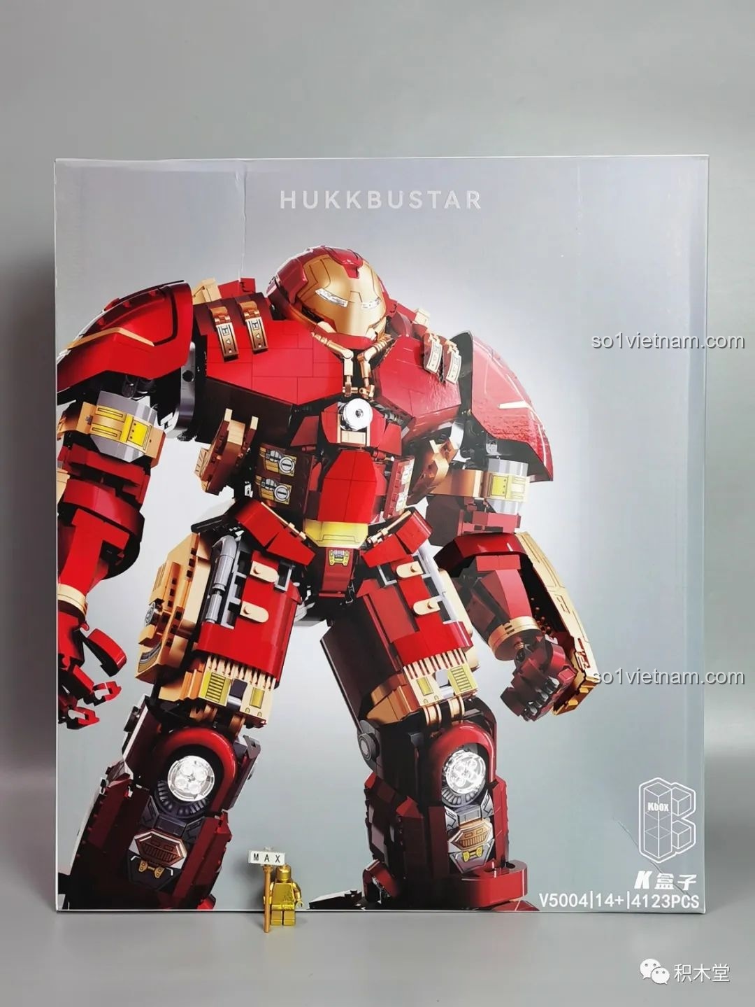 Mặt trước hộp sản phẩm KBOX V5004 Giáp Chống Hulk MK44 với hình ảnh mô hình hoành tráng và thông tin cơ bản. Đánh giá KBOX 5004 Hulkbuster MK44 cho bé trai 14+.