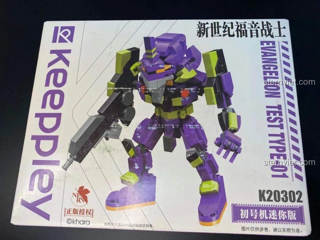 Mặt trước hộp đồ chơi lắp ráp Keeppley K20302 Robot Evangelion Unit-01 phiên bản Mini với hình ảnh sản phẩm hoàn thiện.