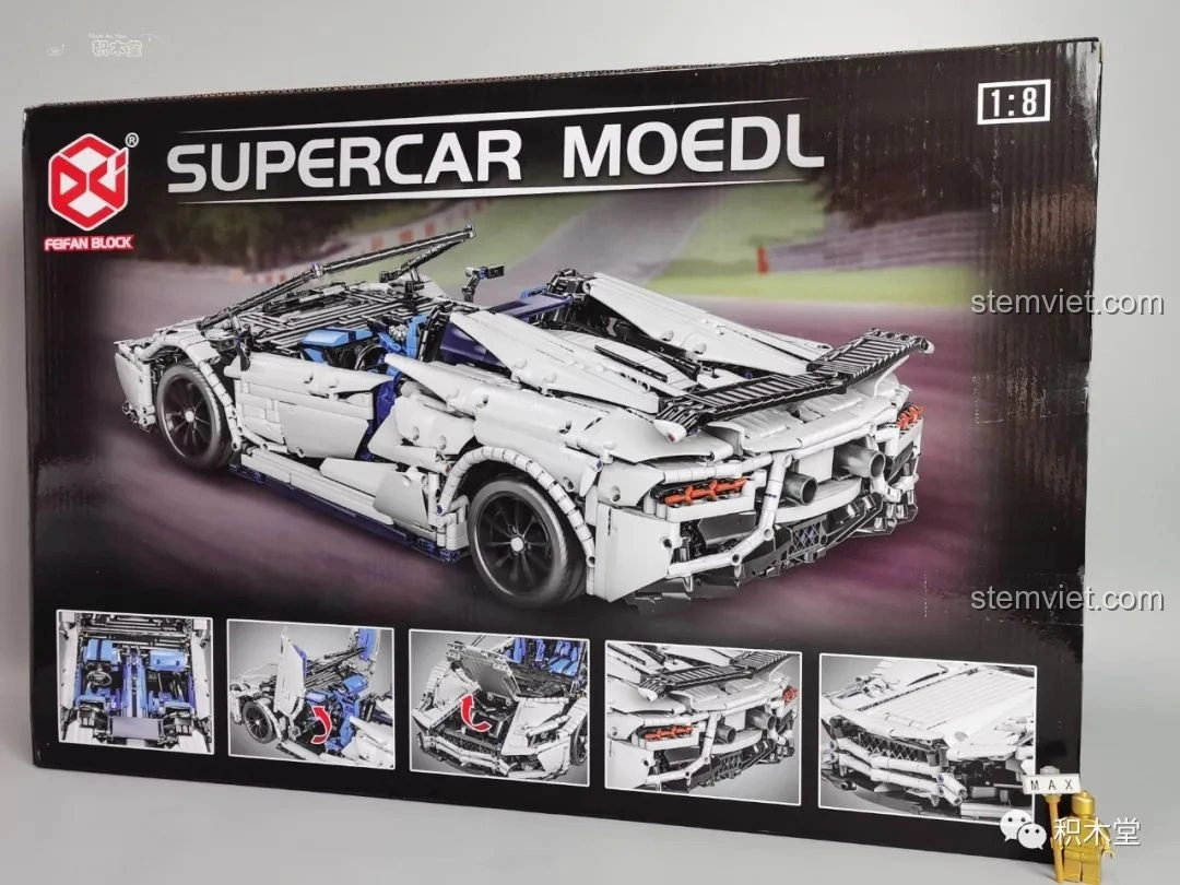 Mặt sau hộp bộ lắp ráp Feifan F10002 Lamborghini Aventador SVJ Roadster, giới thiệu các chi tiết và tính năng nổi bật của mô hình.