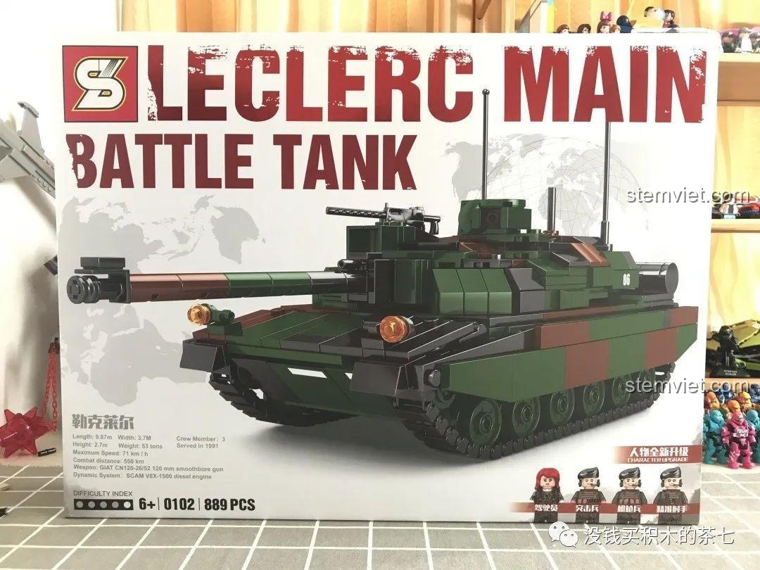 Mặt trước hộp bộ lắp ráp JiaZhi 0102 Xe Tăng Chủ Lực Leclerc, hiển thị mô hình xe tăng và thông tin sản phẩm.