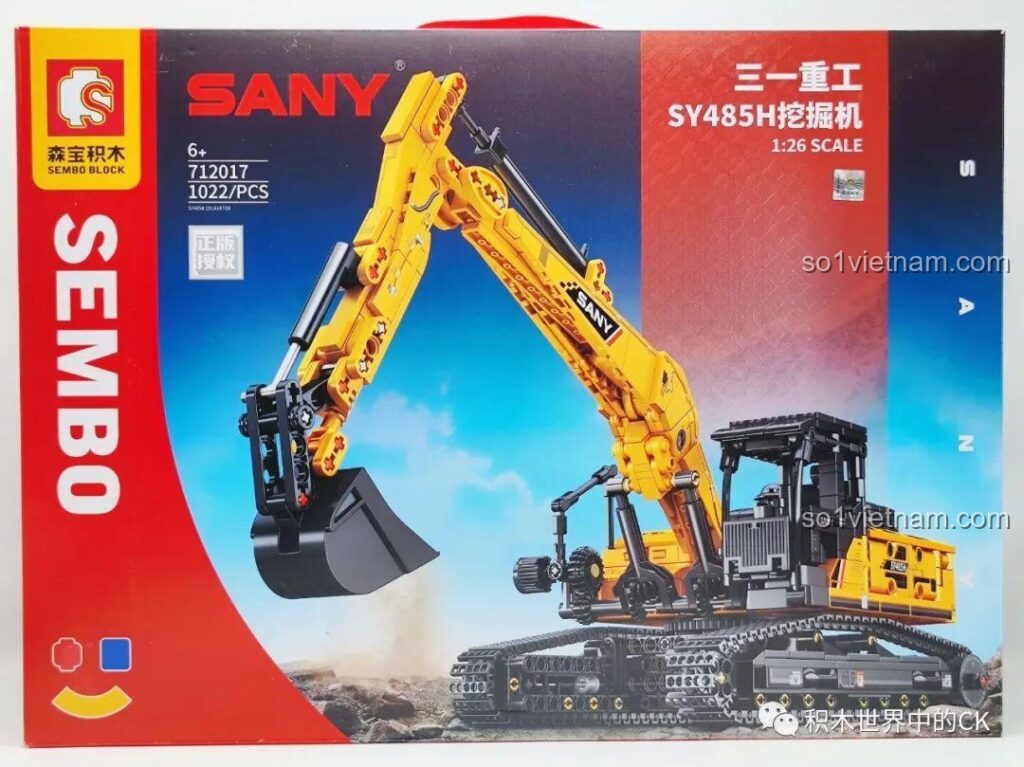 Mặt trước hộp đồ chơi lắp ráp Sembo 712017 Máy xúc bánh xích SY485H với hình ảnh sản phẩm hoàn thiện hoành tráng.