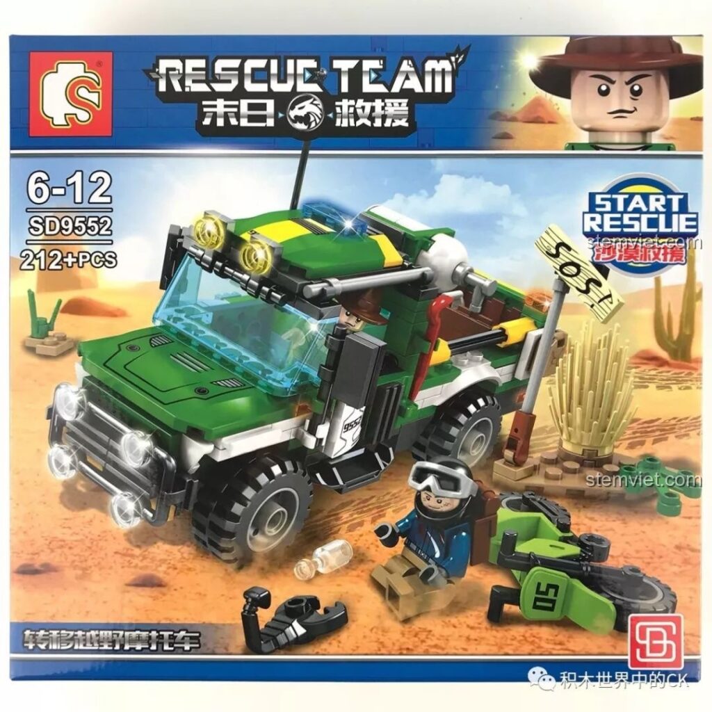 Mặt trước hộp bộ lắp ráp SEMBO SD9552 Đội Cứu Hộ Tận Thế, thể hiện xe bán tải, mô tô và 2 minifigures trong bối cảnh sa mạc.