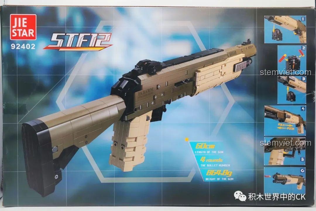 Mặt sau hộp bộ lắp ráp súng shotgun STF-12 JIESTAR 92402 hiển thị kích thước 60cm, trọng lượng 864.8g và các tính năng nổi bật.