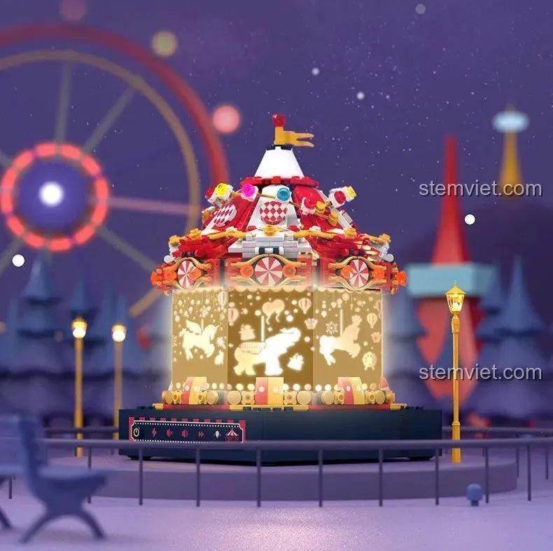 Mô hình Hộp nhạc thông minh Công viên giải trí ánh sao JAKI JK1366 với hiệu ứng đèn LED chiếu hình ảnh bầu trời sao và công viên. Đánh giá JAKI 1366 Vòng quay ngựa gỗ phát sáng.