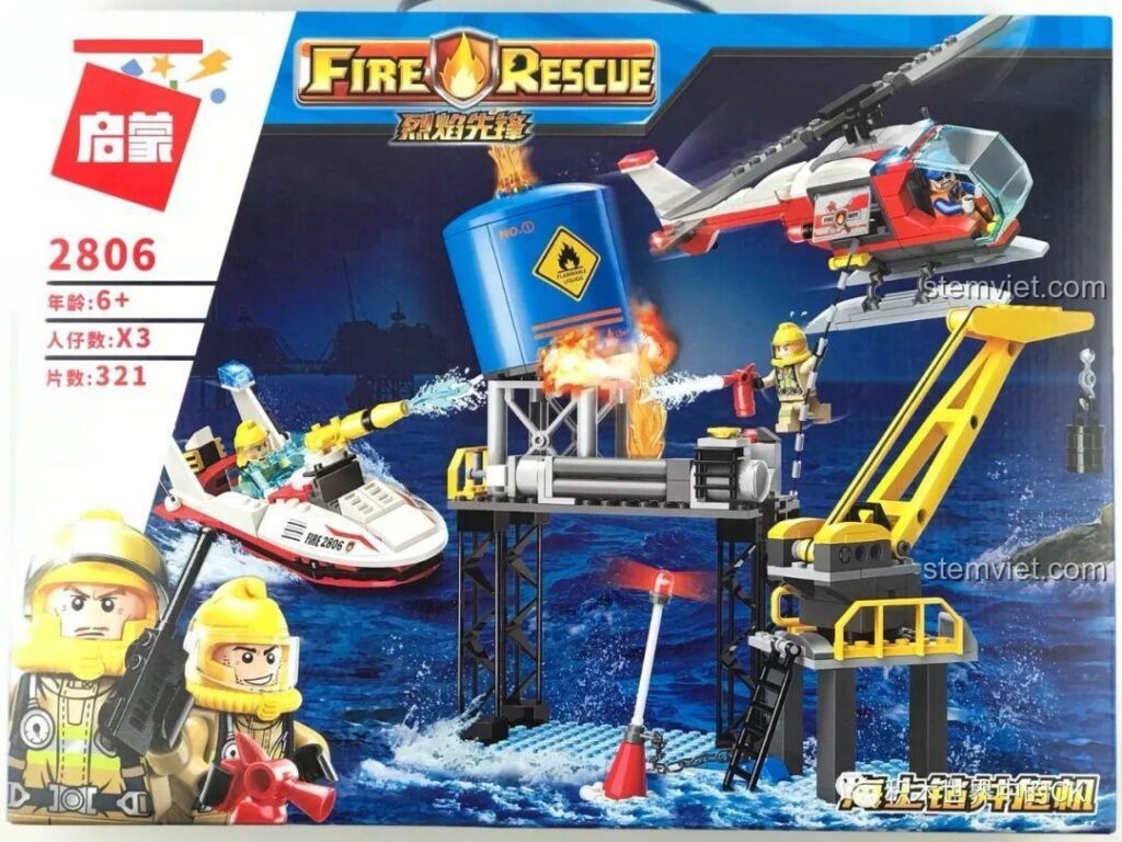 Mặt trước hộp đồ chơi QMAN 2806 Giải Cứu Giàn Khoan với hình ảnh trực thăng, tàu cao tốc và giàn khoan đang cháy.