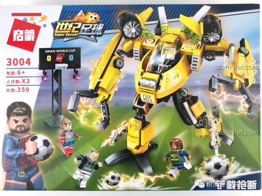Mặt trước hộp đồ chơi lắp ráp Robot bóng đá QMAN 3004 với hình ảnh mecha màu vàng và 3 minifigures cầu thủ.