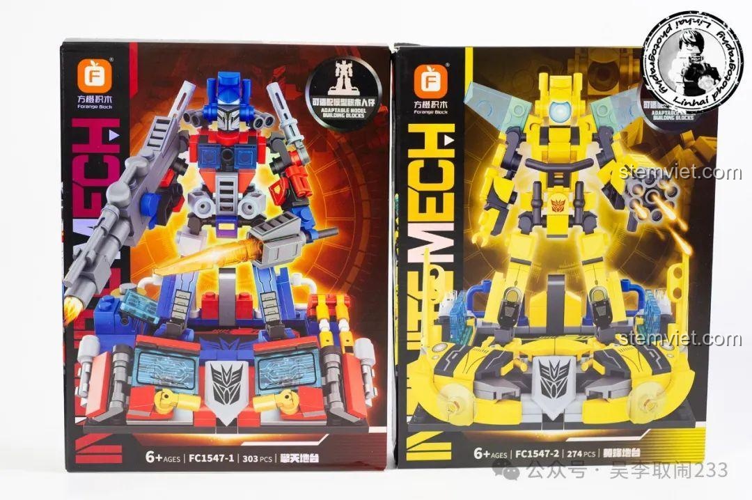 So sánh hộp của Optimus Prime và Bumblebee trong bộ đồ chơi xây dựng robot FC1547 cho bé trai.